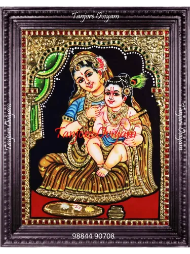 Yashodha Krishna Tanjore painting depicting mother Yashoda holding young Krishna with traditional gold foil work